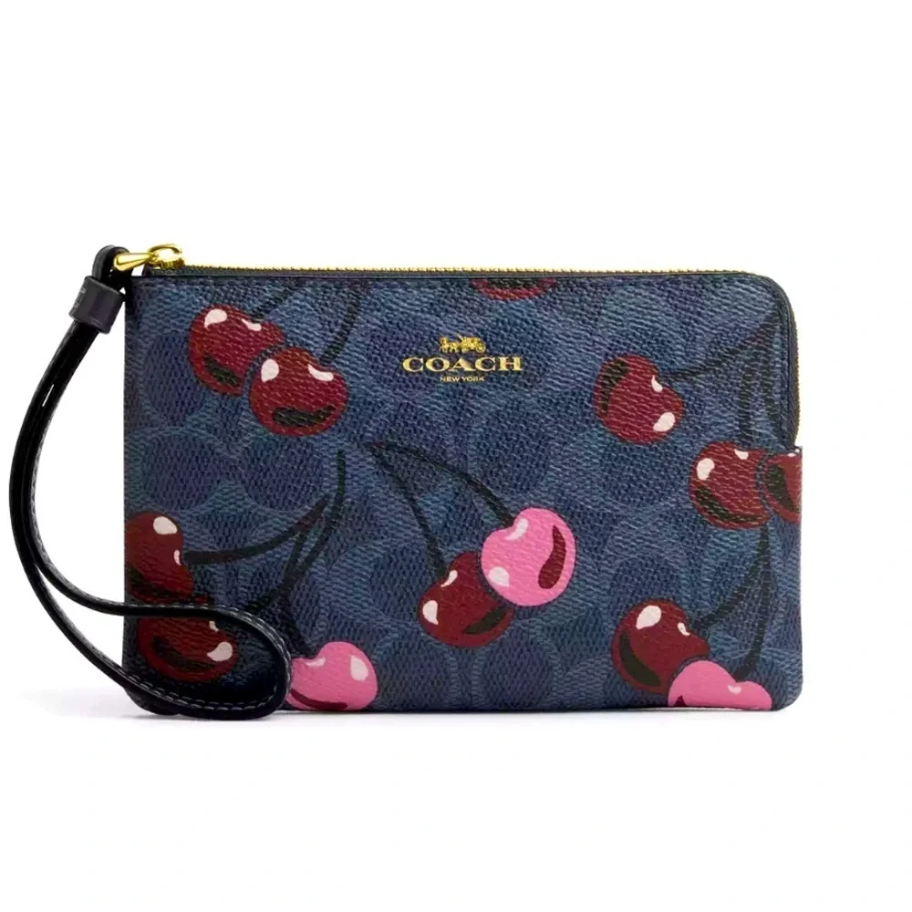 🍒NWT COACH Corner Zip Wristlet Blue Signature Canvas Cherry Print AUTHENTIC